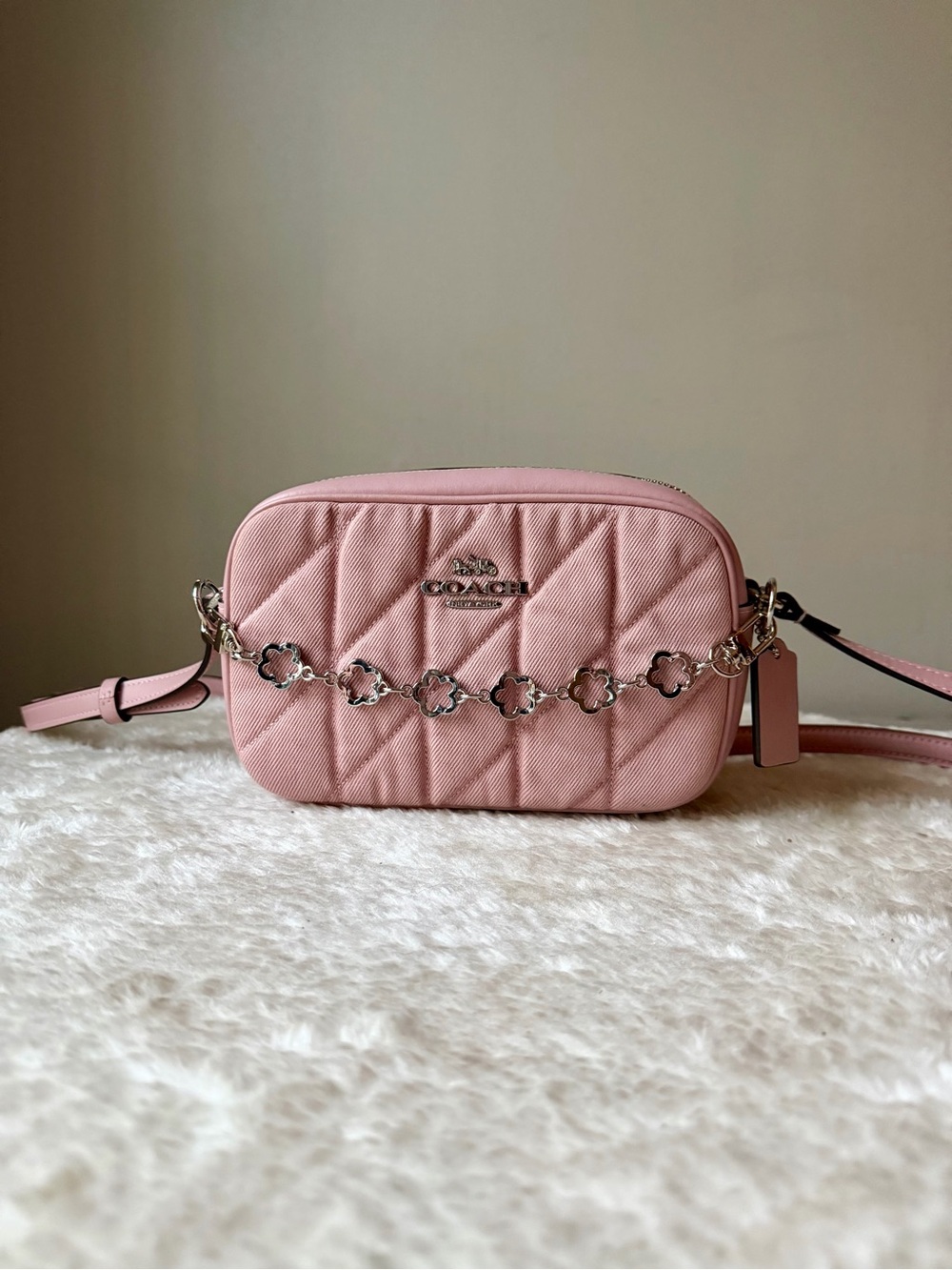 Coach Mini Jamie Camera Bag  in pink denim with chain charm